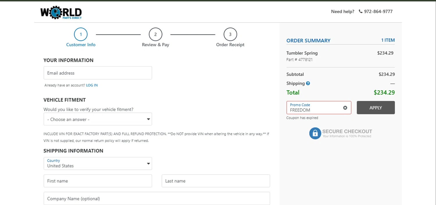 World Parts Direct promo code screenshot showing code FREEDOM applied at World Parts Direct checkout page. Uploaded by SimplyCodes community member davisams on Jul 9, 2025