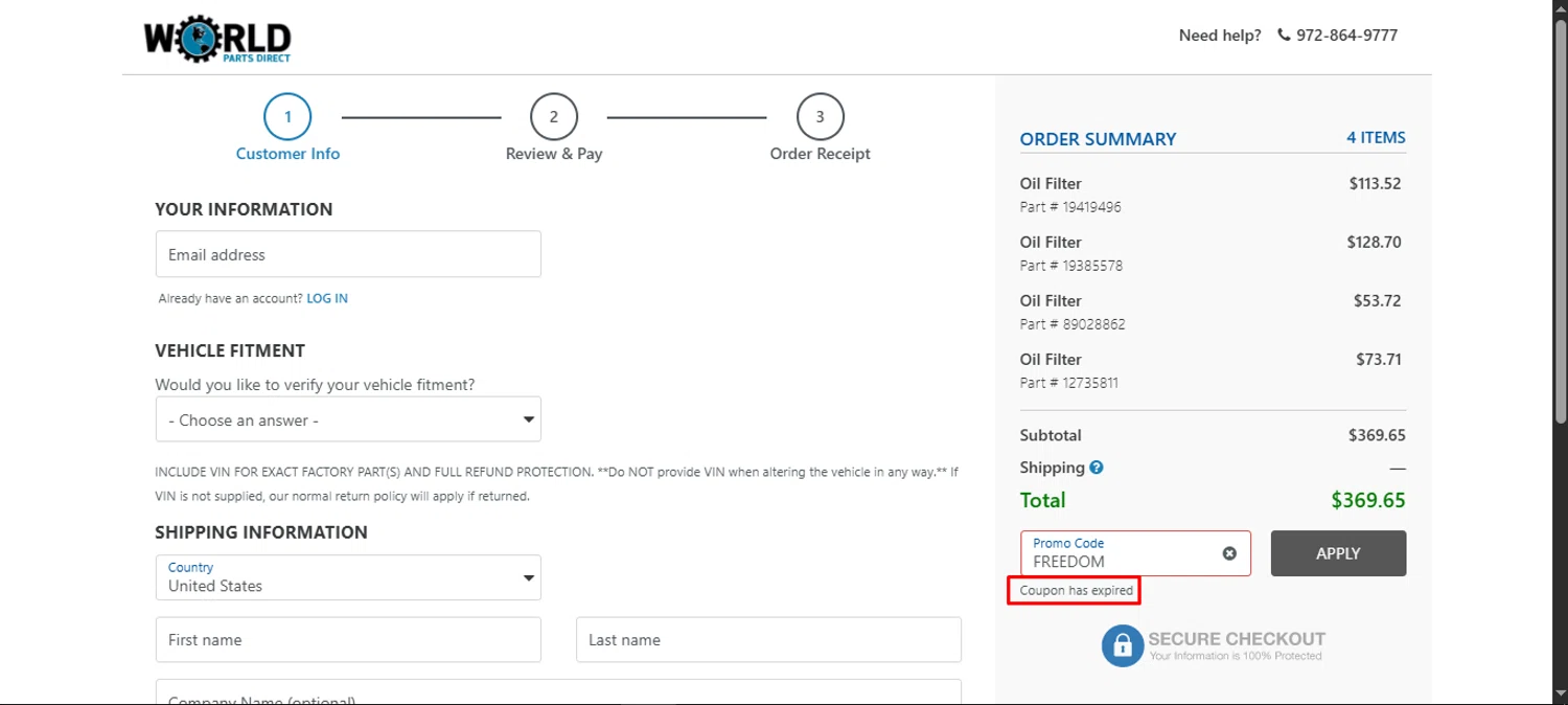 World Parts Direct promo code screenshot showing code FREEDOM applied at World Parts Direct checkout page. Uploaded by SimplyCodes community member noworries on Jul 9, 2025