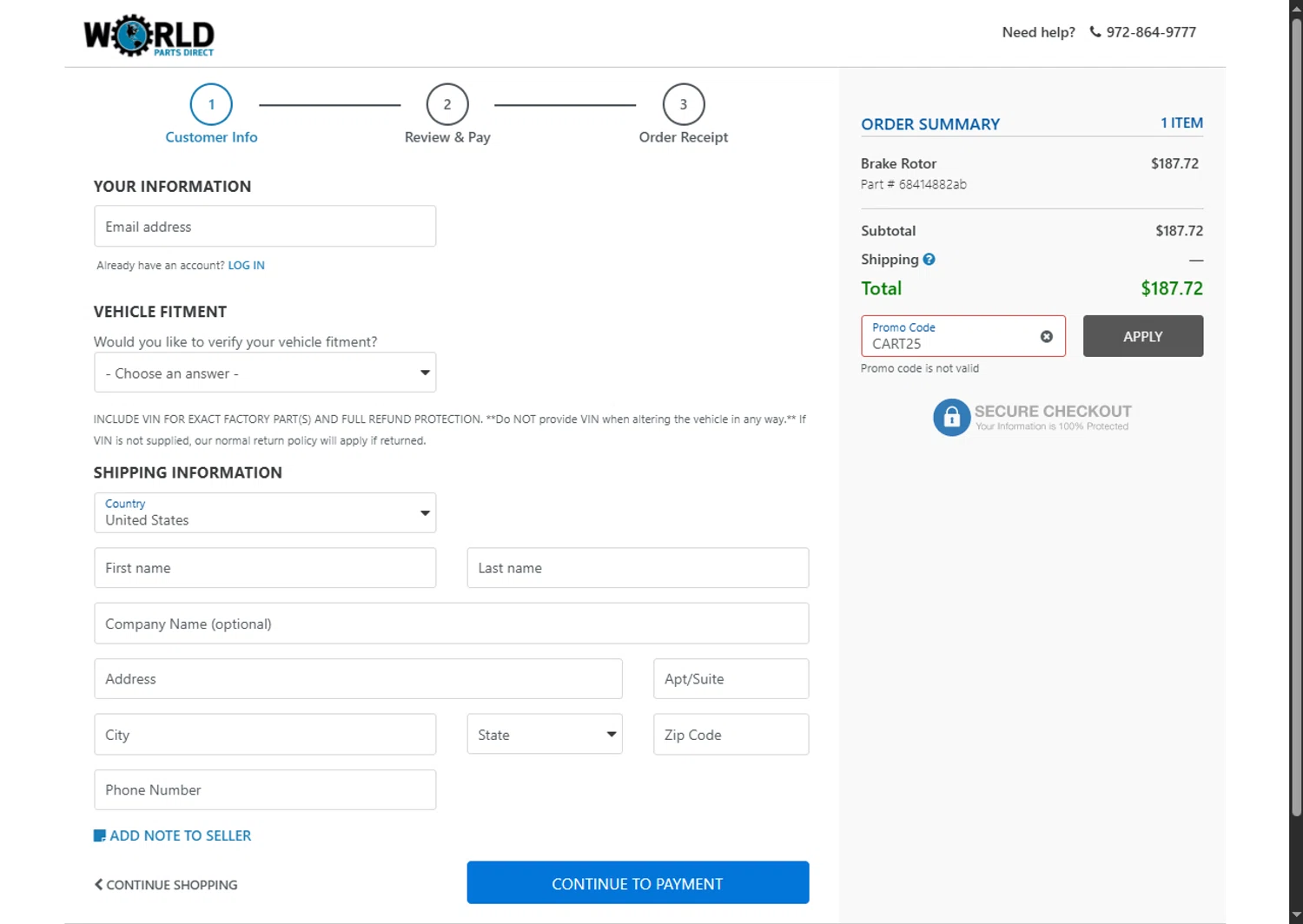 World Parts Direct promo code screenshot showing code CART25 applied at World Parts Direct checkout page. Uploaded by SimplyCodes community member GoldPhoenix3793 on Nov 2, 2025