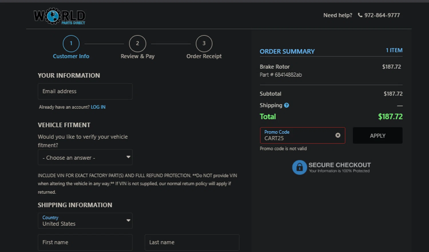 World Parts Direct promo code screenshot showing code CART25 applied at World Parts Direct checkout page. Uploaded by SimplyCodes community member SpiderGwen on Nov 2, 2025