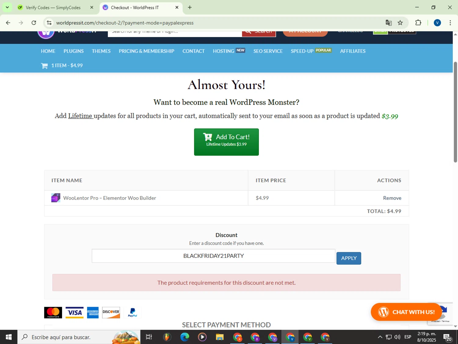 WorldPressIT coupon code screenshot showing code BLACKFRIDAY21PARTY applied at WorldPressIT checkout page. Uploaded by SimplyCodes community member Garou_Y2K on Oct 8, 2025