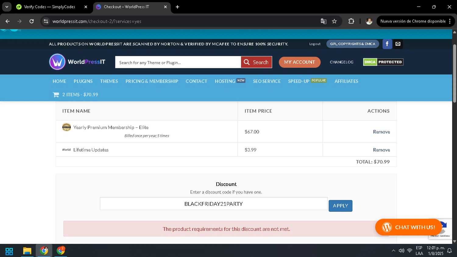 WorldPressIT coupon code screenshot showing code BLACKFRIDAY21PARTY applied at WorldPressIT checkout page. Uploaded by SimplyCodes community member SavingsMaven1223 on Aug 1, 2025