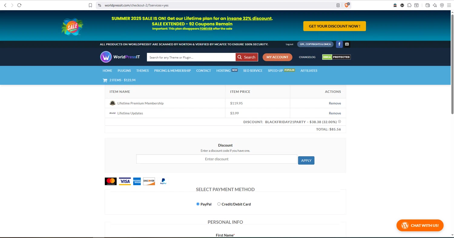 WorldPressIT coupon code screenshot showing code BLACKFRIDAY21PARTY applied at WorldPressIT checkout page. Uploaded by SimplyCodes community member dayselis15 on Oct 8, 2025