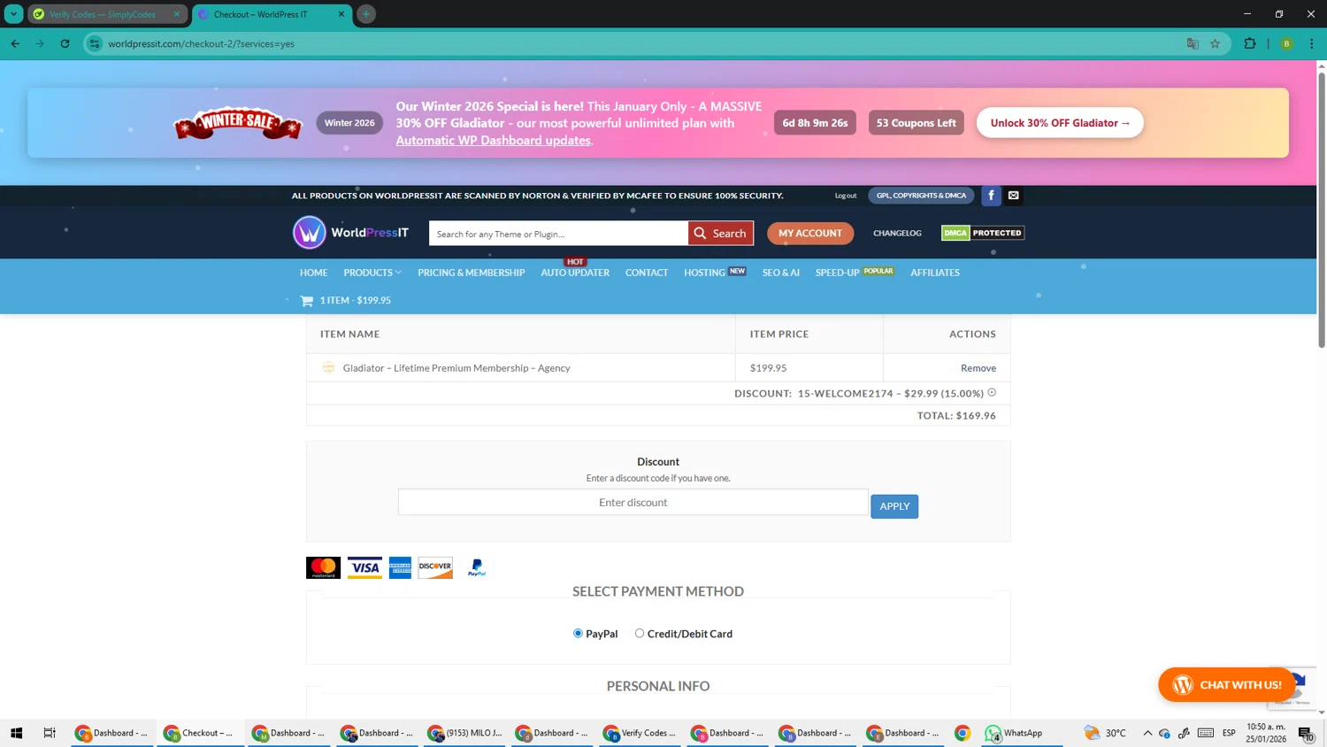 WorldPressIT checkout page showing WorldPressIT coupon code box | Screenshot taken by SimplyCodes community member on Jan 25, 2026