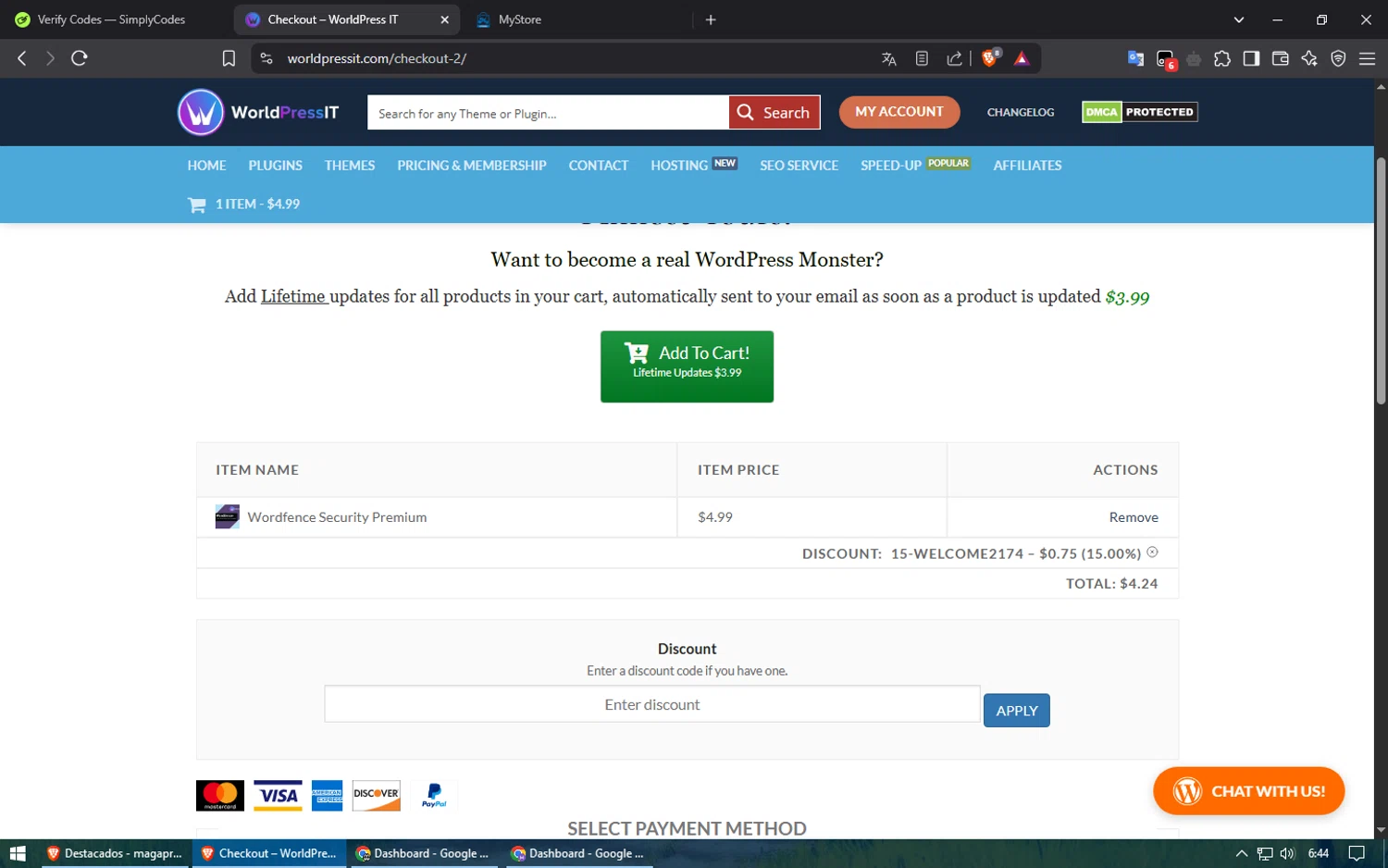 WorldPressIT coupon code screenshot showing code 15-welcome2174 applied at WorldPressIT checkout page. Uploaded by SimplyCodes community member ShieldElite2370 on Apr 26, 2025