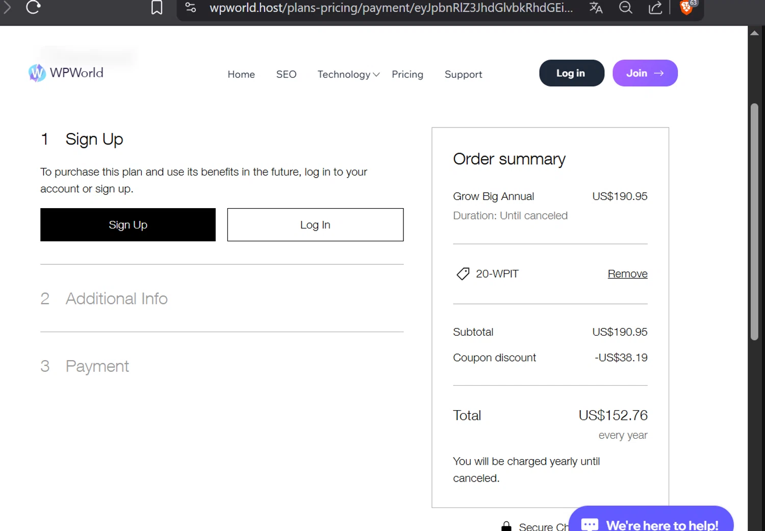 WorldPressIT coupon code screenshot showing code 20-WPIT applied at WorldPressIT checkout page. Uploaded by SimplyCodes community member CashElite5536 on Jul 4, 2025