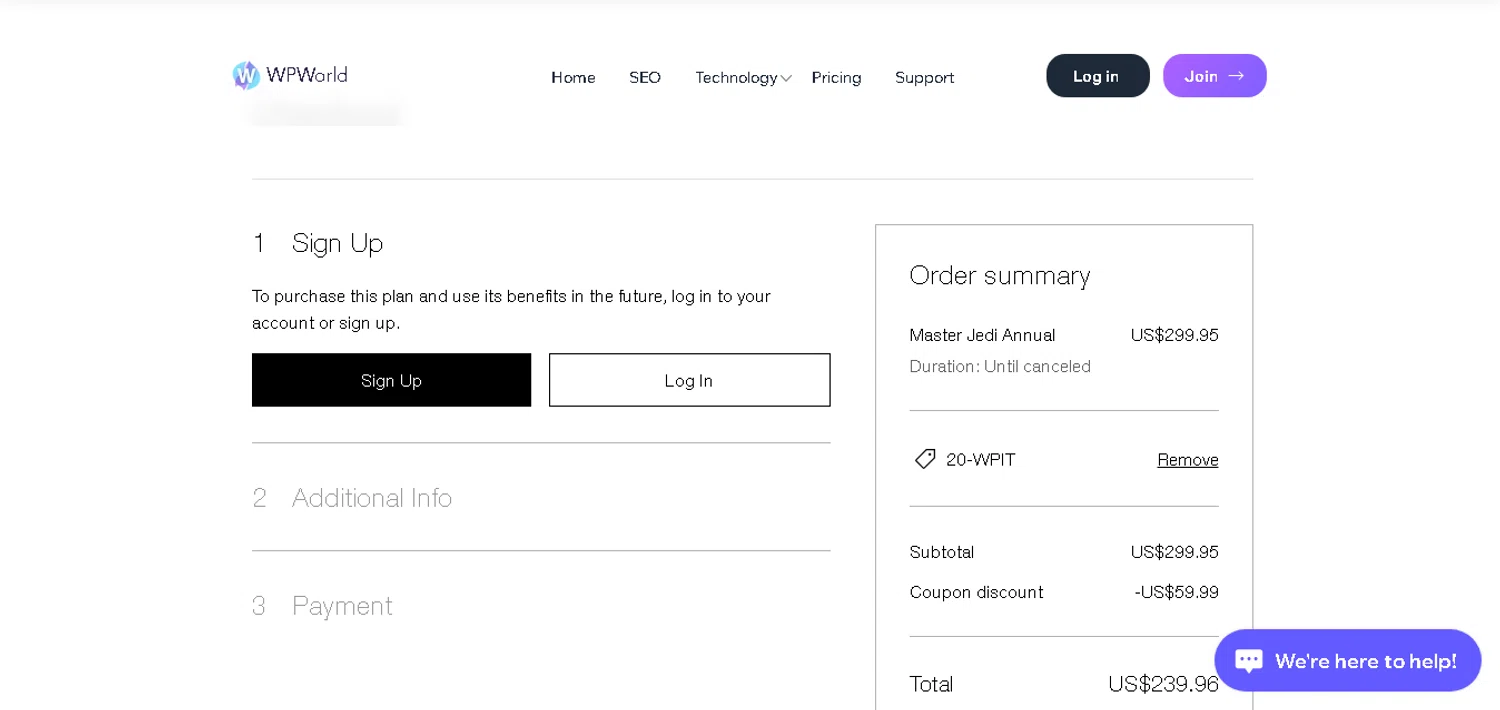WorldPressIT coupon code screenshot showing code 20-WPIT applied at WorldPressIT checkout page. Uploaded by SimplyCodes community member MoneyHunter5624 on Aug 1, 2025