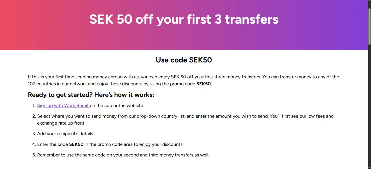 WorldRemit promo code screenshot showing code SEK50 applied at WorldRemit checkout page. Uploaded by SimplyCodes community member rapiddeals on Jun 14, 2025
