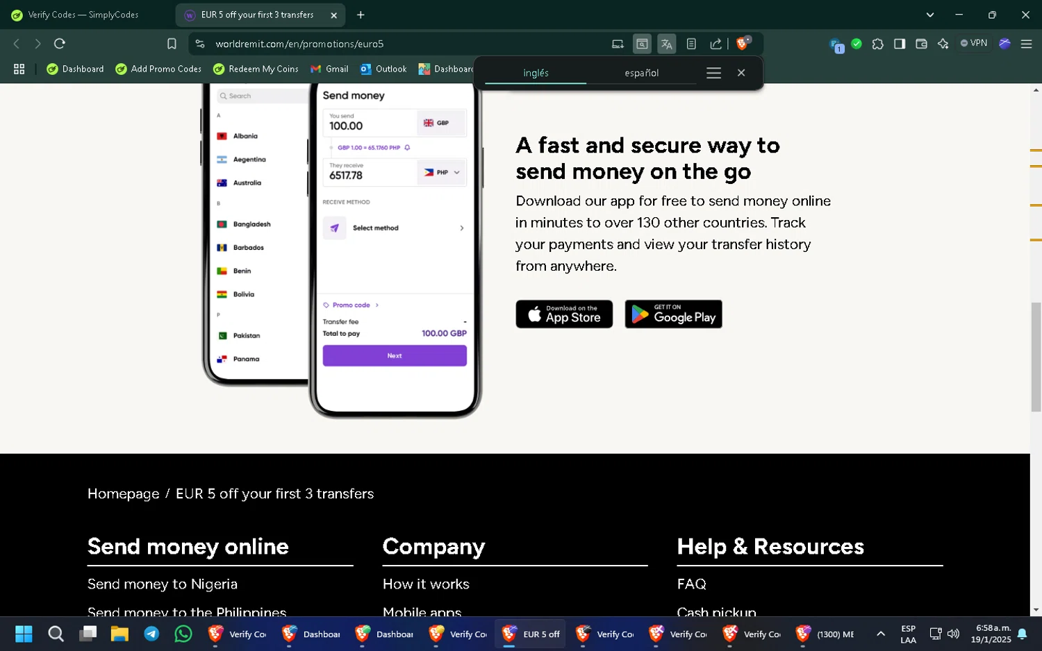 WorldRemit checkout page showing WorldRemit promo code box | Screenshot taken by SimplyCodes community member on Jan 19, 2025