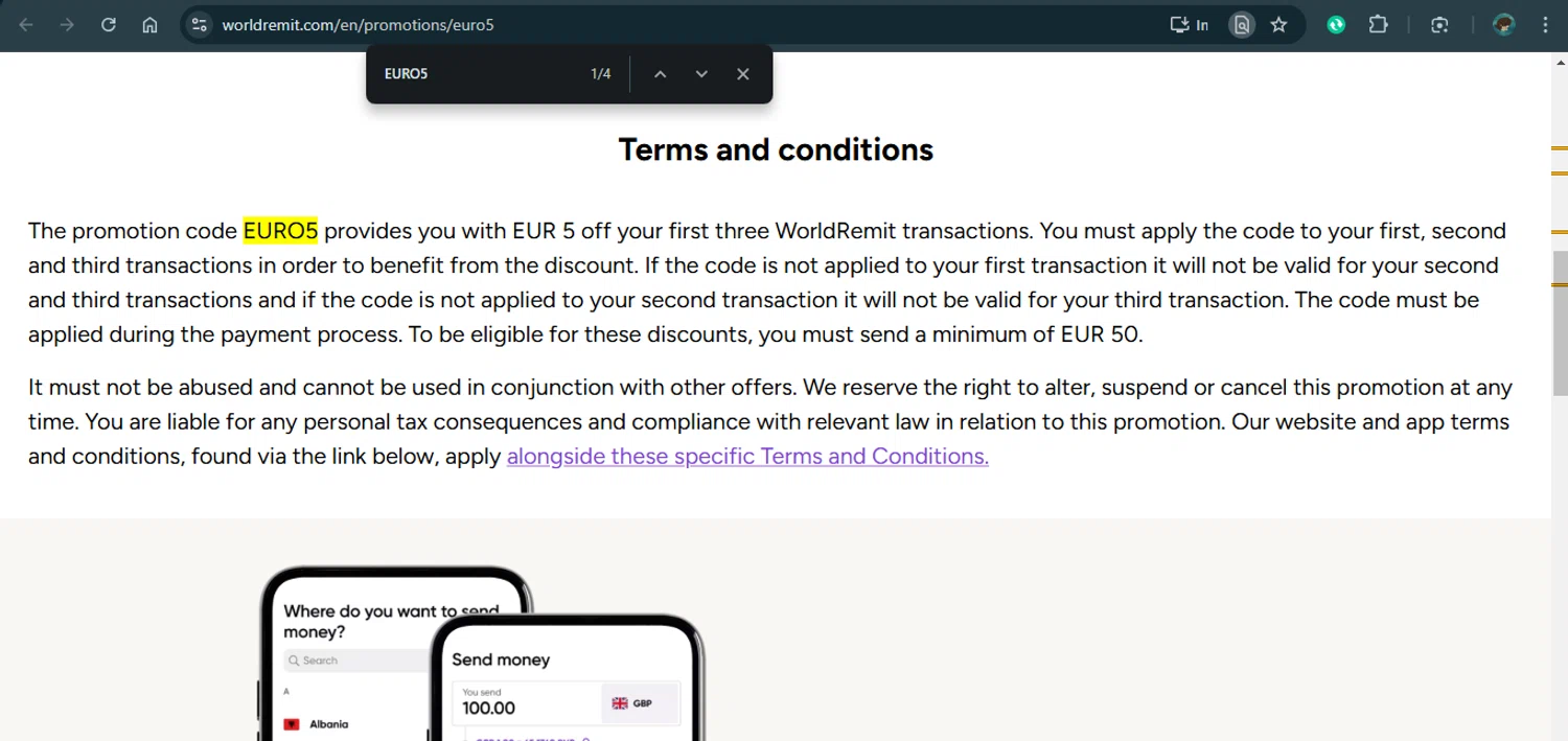 where to use WorldRemit promo code box