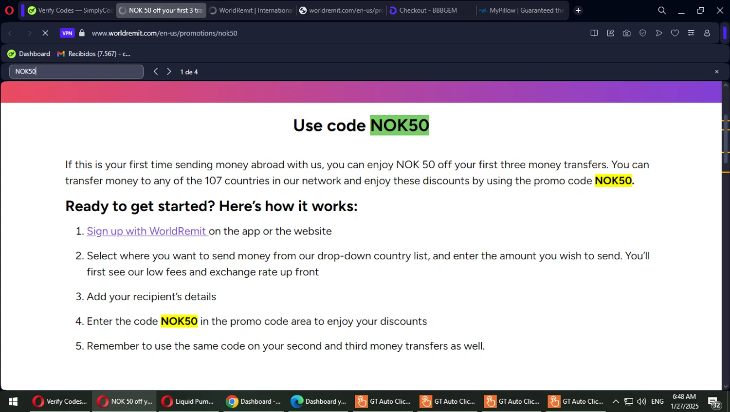 WorldRemit checkout page showing WorldRemit promo code box | Screenshot taken by SimplyCodes community member on Jan 27, 2025