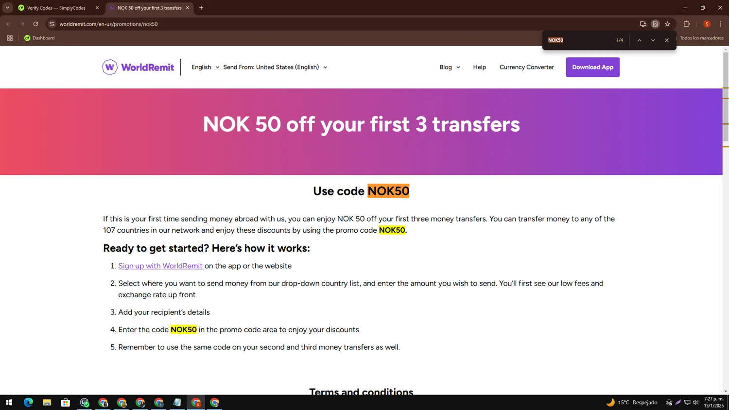 WorldRemit checkout page showing WorldRemit promo code box | Screenshot taken by SimplyCodes community member on Jan 15, 2025