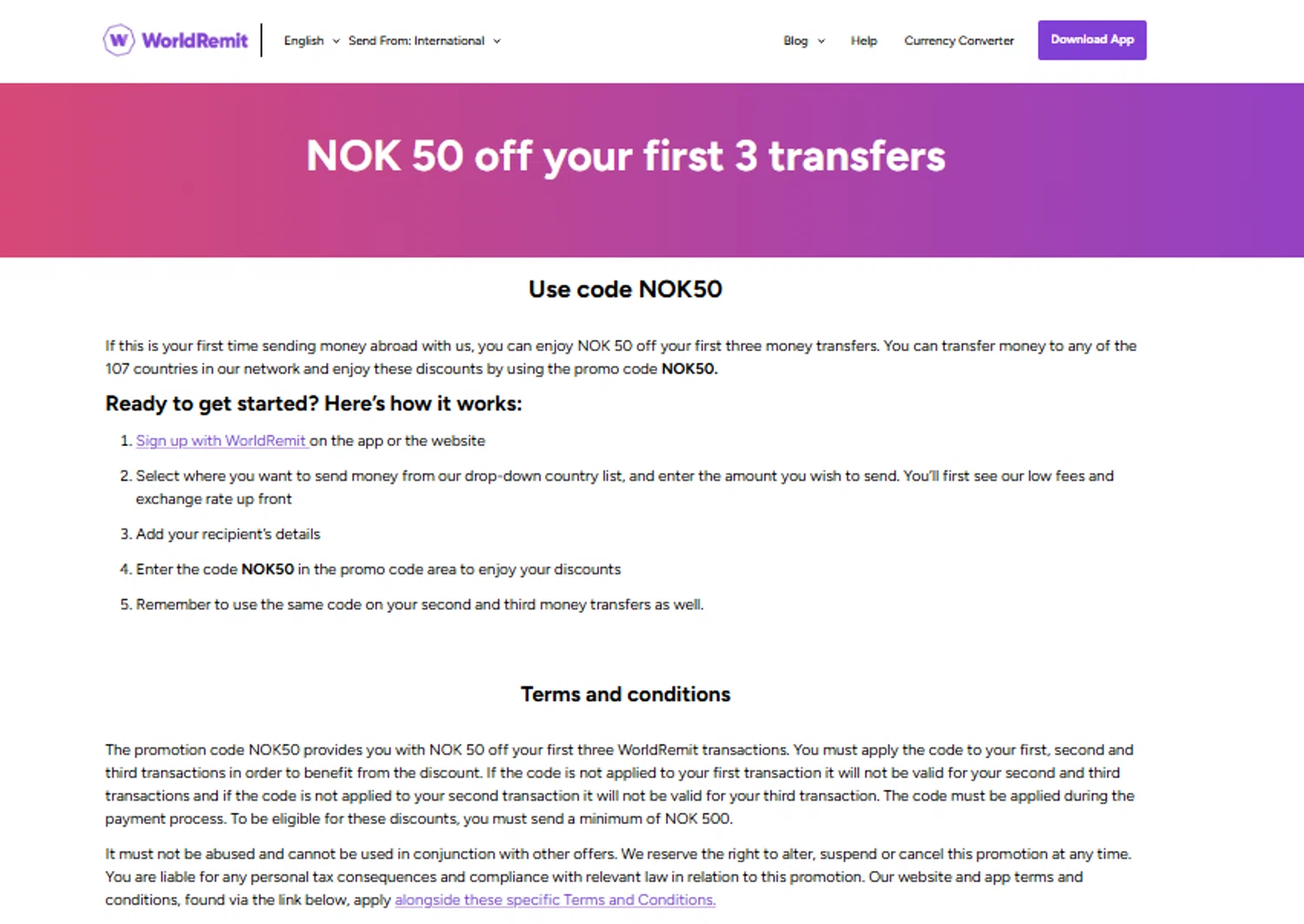 WorldRemit promo code screenshot showing code NOK50 applied at WorldRemit checkout page. Uploaded by SimplyCodes community member SimplyCVerlie on Jun 7, 2025