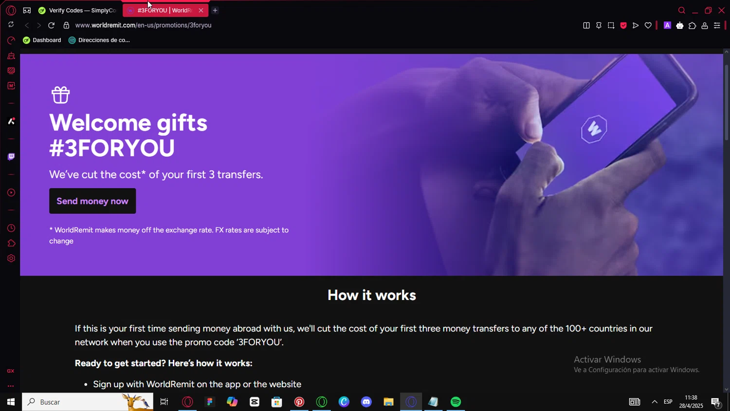 WorldRemit promo code screenshot showing code 3FORYOU applied at WorldRemit checkout page. Uploaded by SimplyCodes community member PromoTitan6888 on Apr 28, 2025