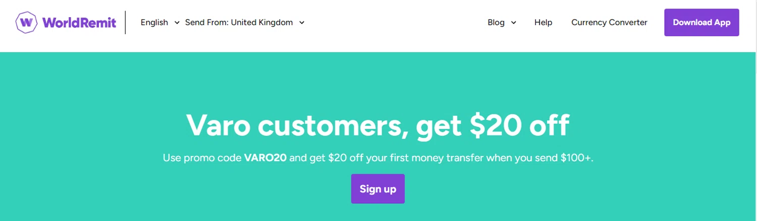 WorldRemit promo code screenshot showing code VARO20 applied at WorldRemit checkout page. Uploaded by SimplyCodes community member Alofoke on Dec 7, 2025
