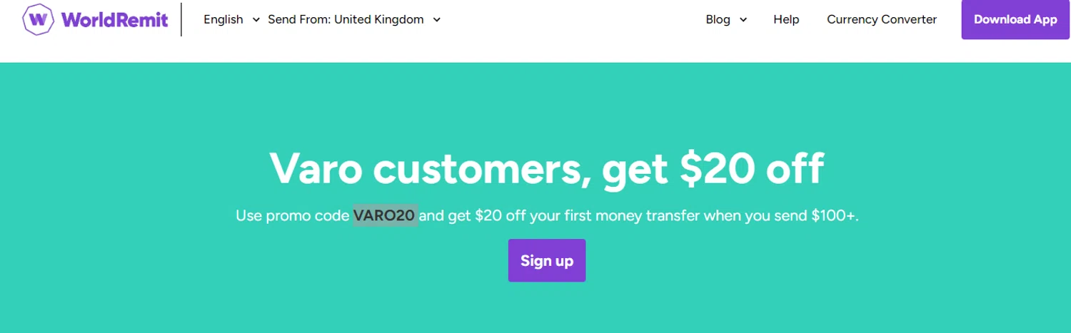 WorldRemit promo code screenshot showing code VARO20 applied at WorldRemit checkout page. Uploaded by SimplyCodes community member Alofoke on Dec 1, 2025