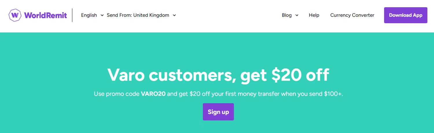 WorldRemit promo code screenshot showing code VARO20 applied at WorldRemit checkout page. Uploaded by SimplyCodes community member Alofoke on Sep 24, 2025