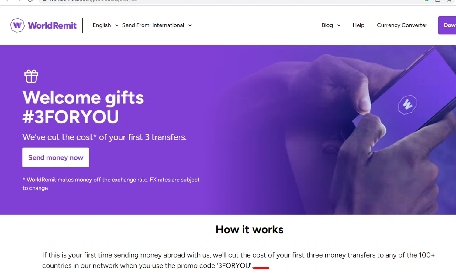 WorldRemit promo code screenshot showing code 3FORYOU applied at WorldRemit checkout page. Uploaded by SimplyCodes community member Alofoke on May 29, 2025