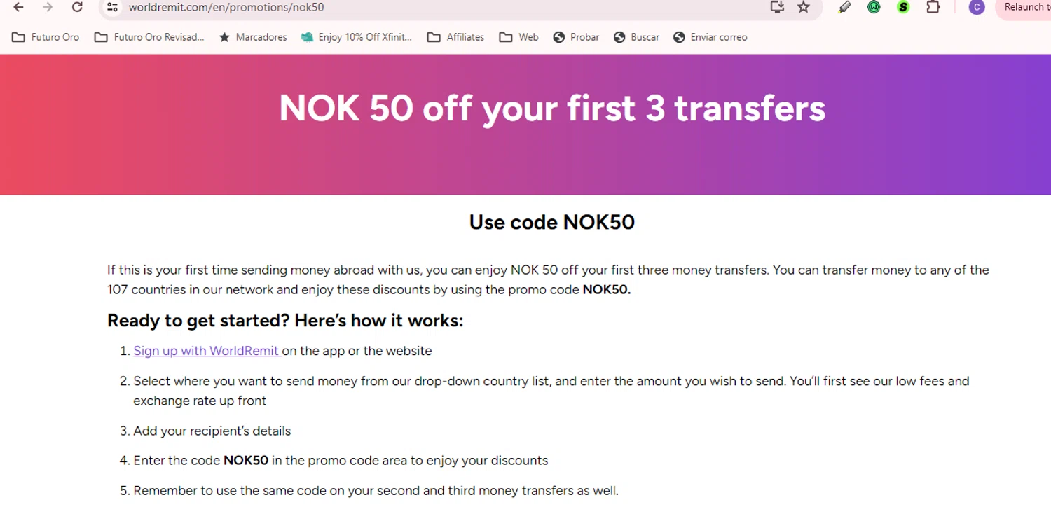 WorldRemit promo code screenshot showing code NOK50 applied at WorldRemit checkout page. Uploaded by SimplyCodes community member carlosrivero on Jul 26, 2025