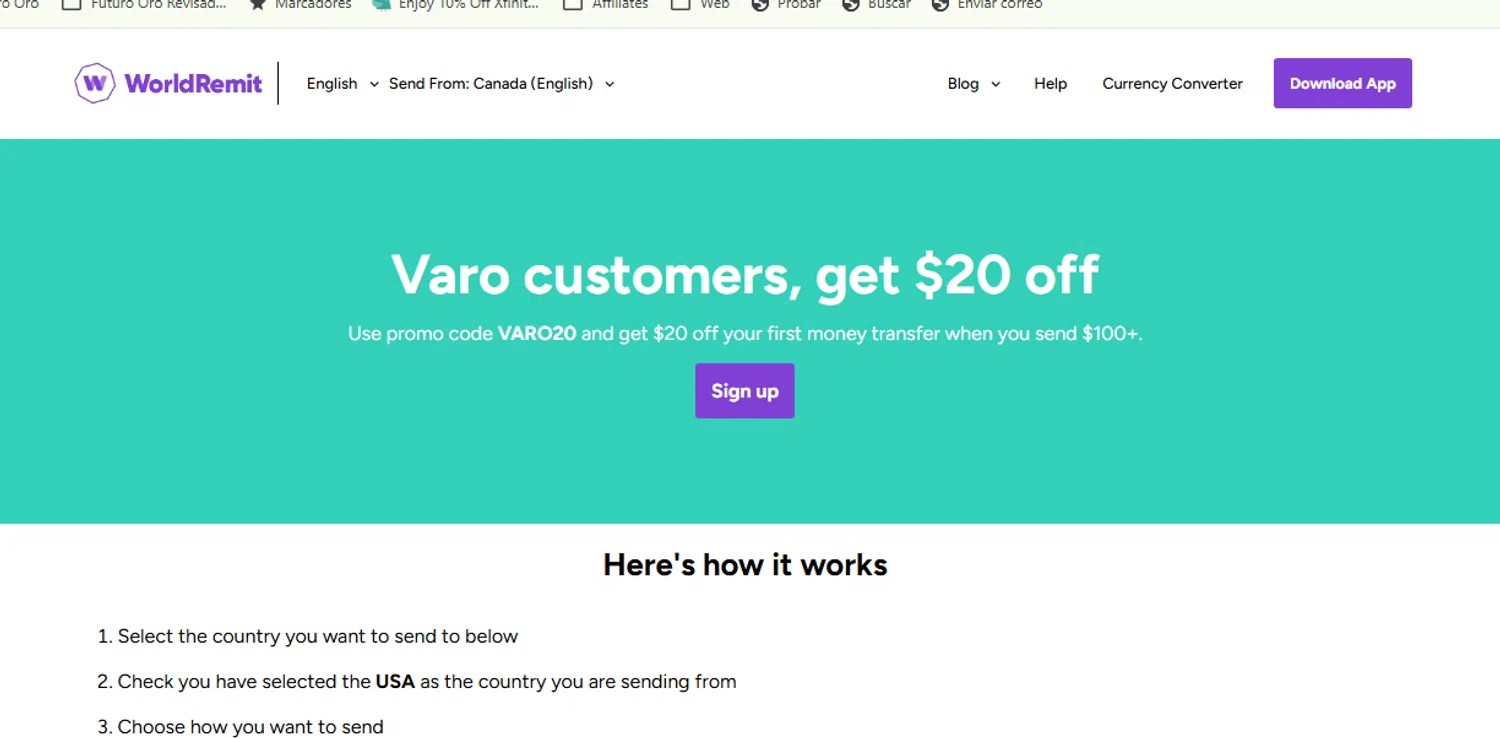 WorldRemit promo code screenshot showing code VARO20 applied at WorldRemit checkout page. Uploaded by SimplyCodes community member carlosrivero on Jul 17, 2025