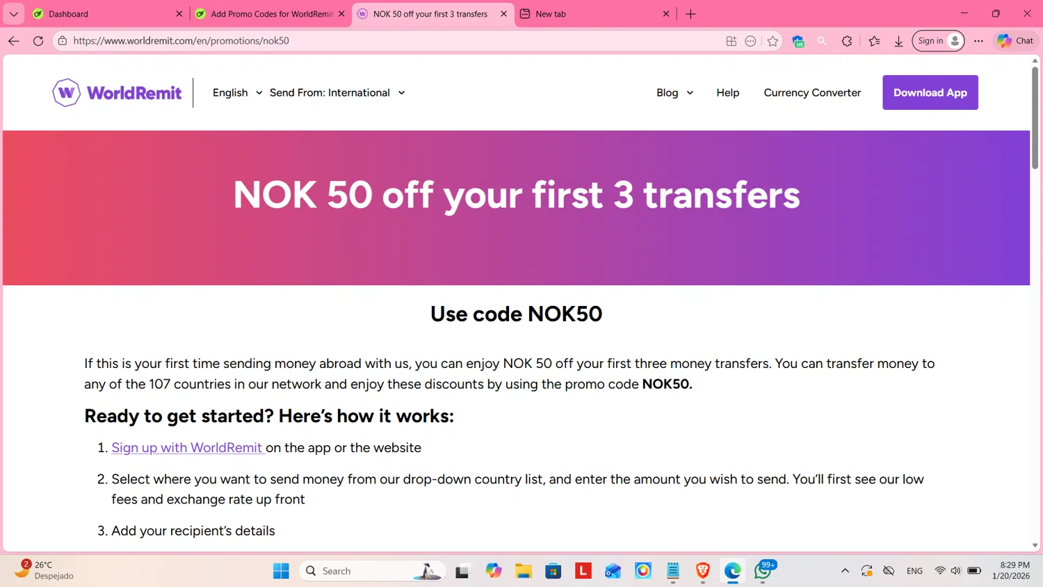 WorldRemit promo code screenshot showing code NOK50 applied at WorldRemit checkout page. Uploaded by SimplyCodes community member cosita on Jan 21, 2026