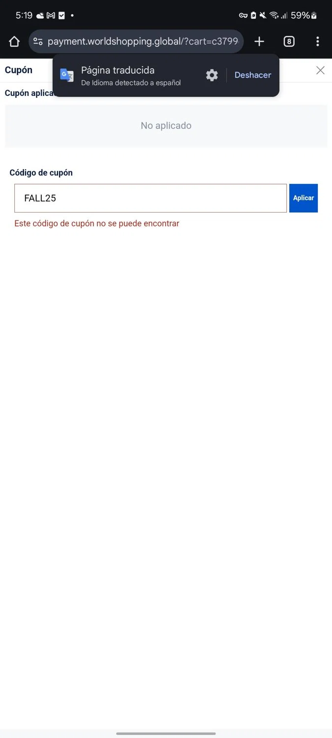 Worldshopping discount code screenshot showing code FALL25 applied at Worldshopping checkout page. Uploaded by SimplyCodes community member Brazzers on Mar 5, 2025