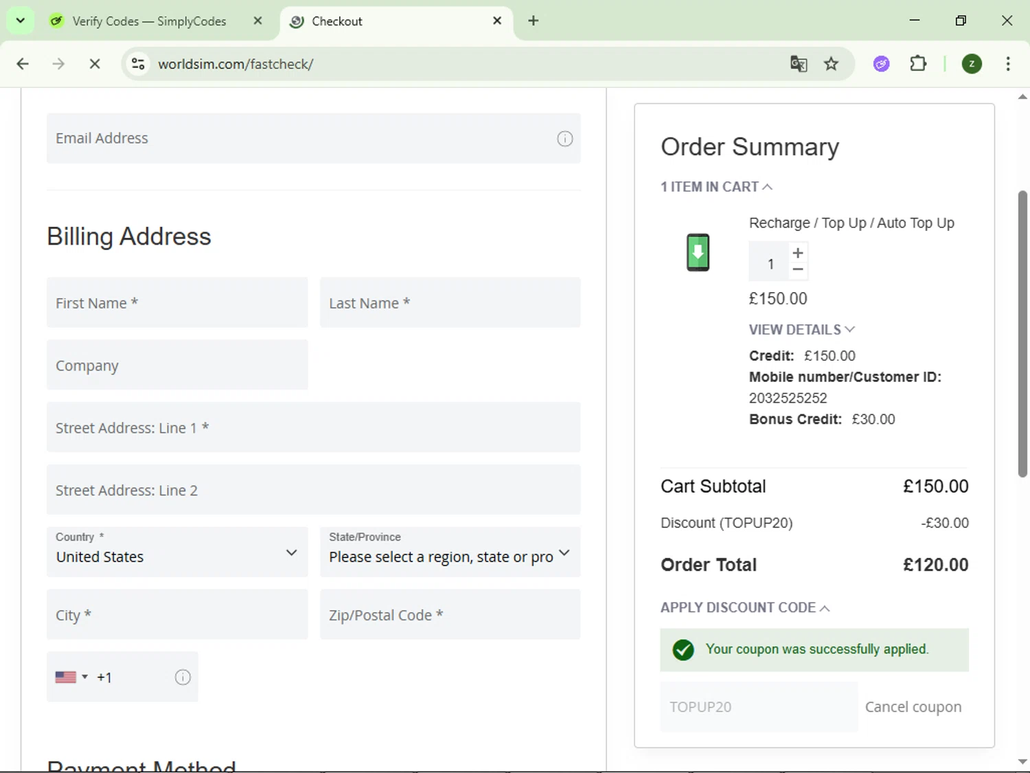 WorldSIM checkout page showing WorldSIM promo code box | Screenshot taken by SimplyCodes community member on Dec 15, 2025
