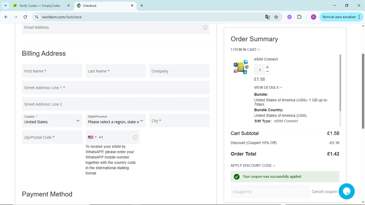 WorldSIM promo code screenshot showing code Coupert10 applied at WorldSIM checkout page. Uploaded by SimplyCodes community member ShieldTitan6985 on Aug 30, 2025