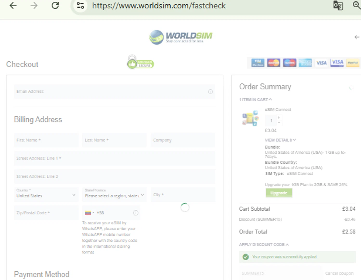 WorldSIM promo code screenshot showing code SUMMER15 applied at WorldSIM checkout page. Uploaded by SimplyCodes community member RewardFinder4836 on Dec 15, 2025