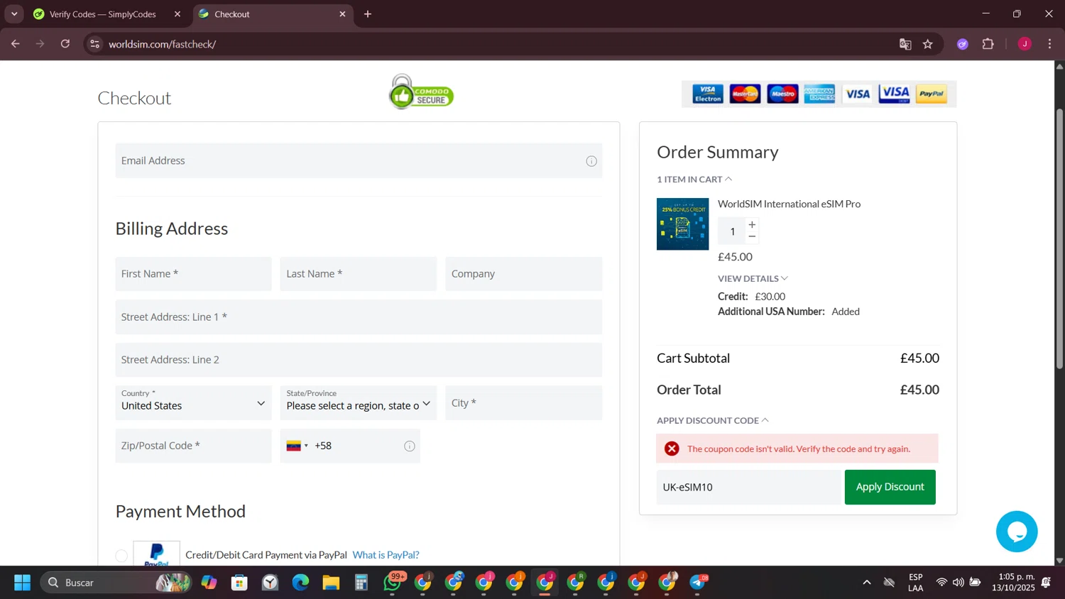 WorldSIM promo code screenshot showing code UK-eSIM10 applied at WorldSIM checkout page. Uploaded by SimplyCodes community member FrugalFinder745 on Oct 13, 2025