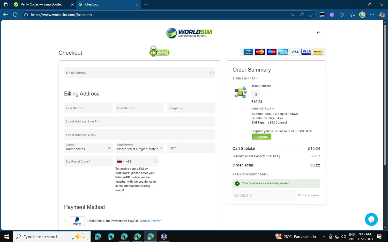 WorldSIM promo code screenshot showing code CONNECT10 applied at WorldSIM checkout page. Uploaded by SimplyCodes community member jvllsk3 on Nov 20, 2025