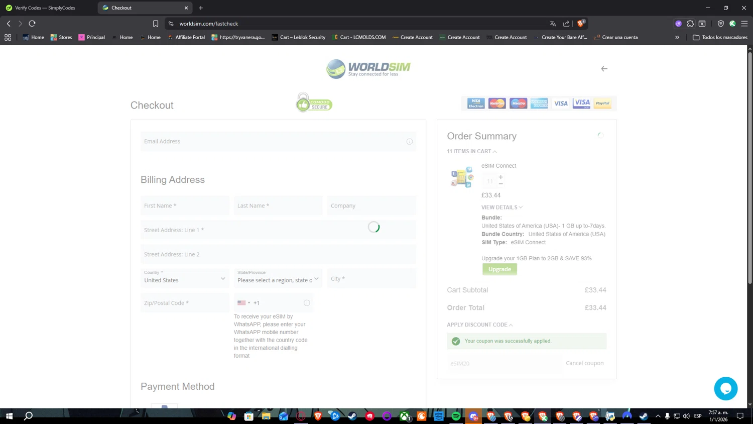 WorldSIM checkout page showing WorldSIM promo code box | Screenshot taken by SimplyCodes community member on Jan 1, 2026