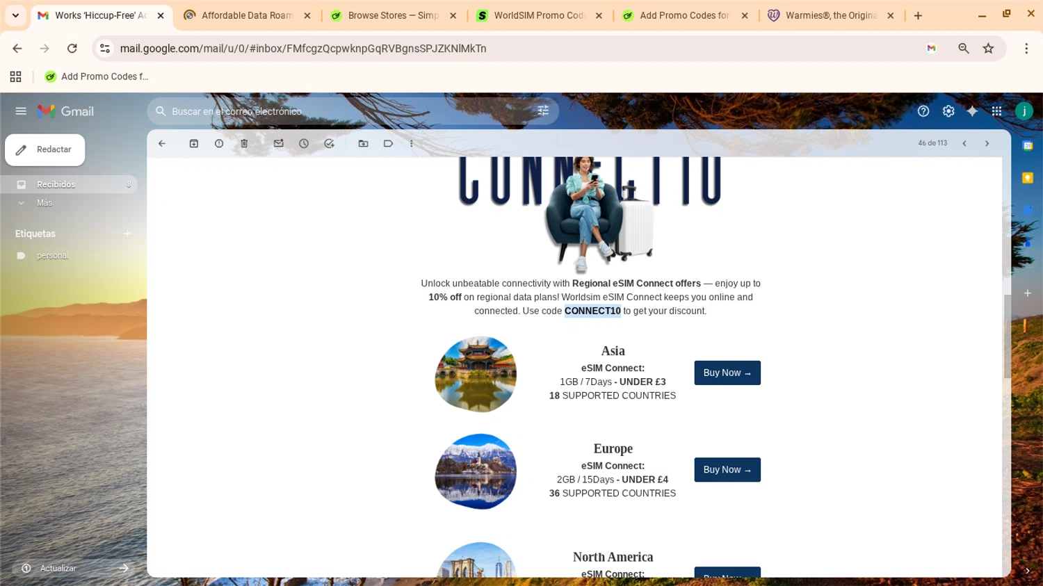 WorldSIM promo code screenshot showing code CONNECT10 applied at WorldSIM checkout page. Uploaded by SimplyCodes community member yennifergonzalez on Sep 23, 2025