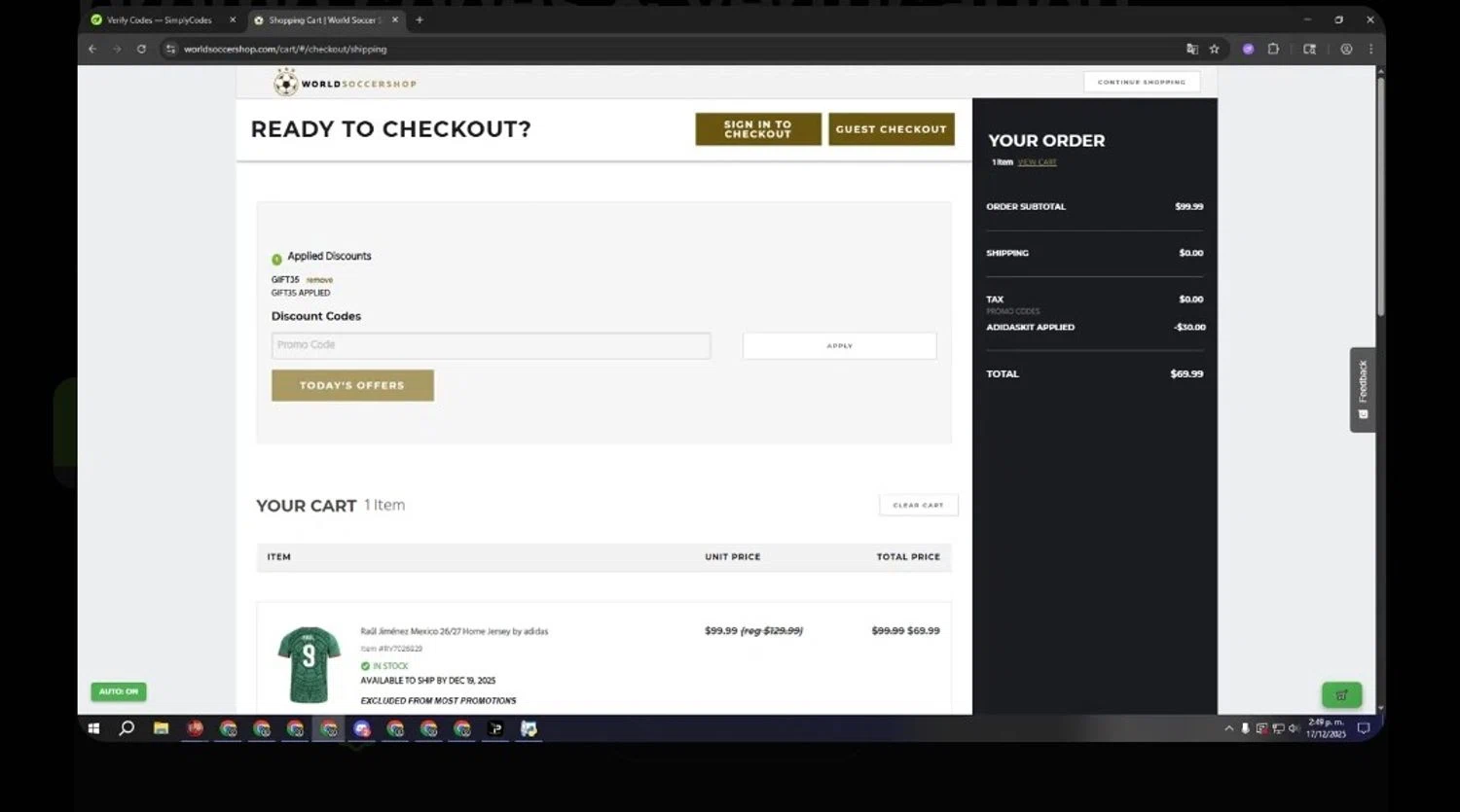 World Soccer Shop promo code screenshot showing code GIFT35 applied at World Soccer Shop checkout page. Uploaded by SimplyCodes community member CrownLion2750 on Jan 6, 2026