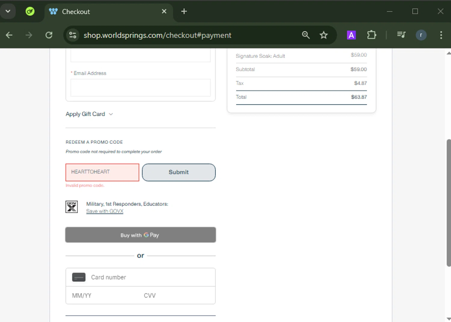 WorldSprings discount code screenshot showing code HEARTTOHEART applied at WorldSprings checkout page. Uploaded by SimplyCodes community member RamonAlexander on Mar 22, 2025