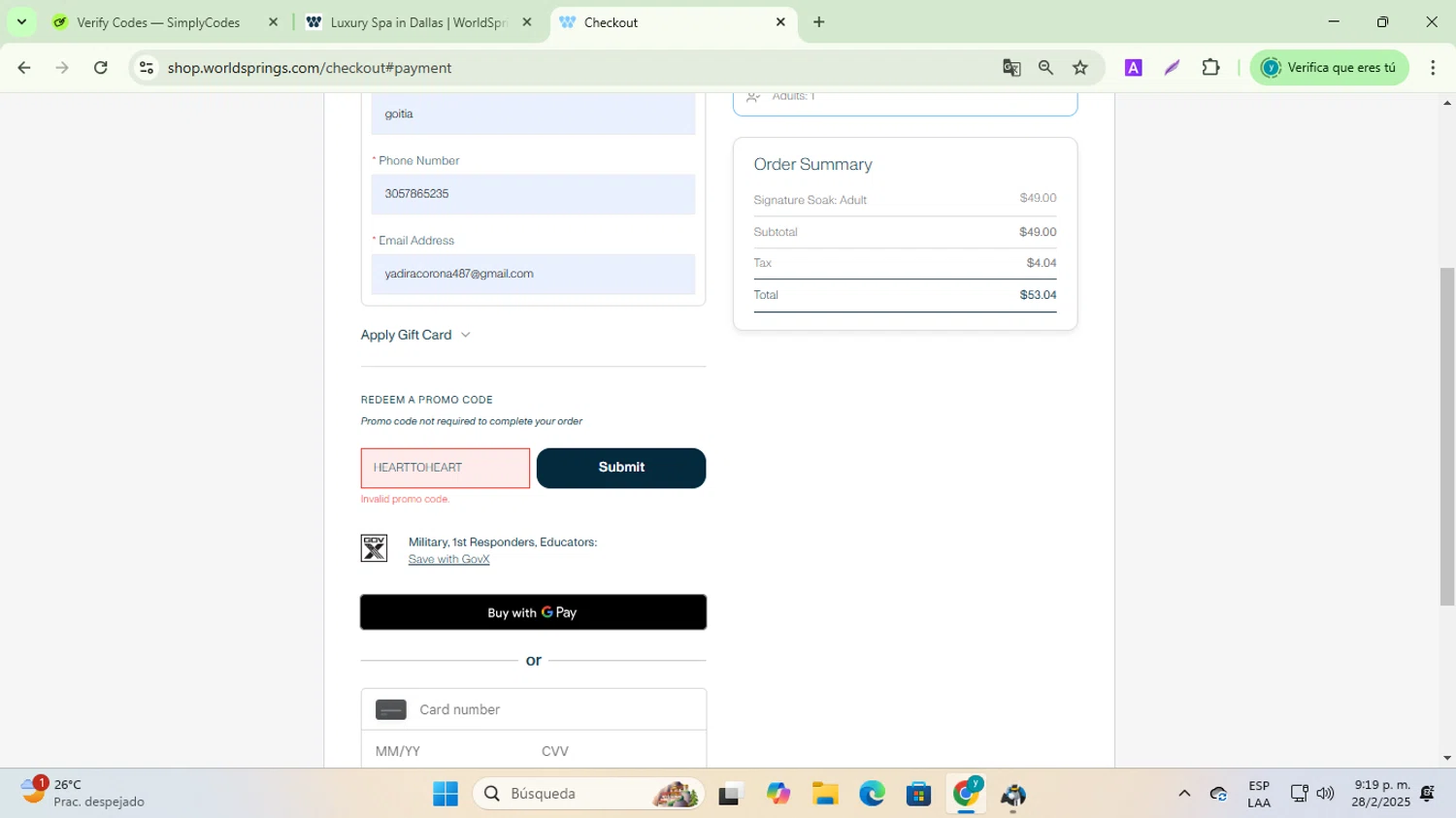WorldSprings discount code screenshot showing code HEARTTOHEART applied at WorldSprings checkout page. Uploaded by SimplyCodes community member ycg487 on Mar 1, 2025
