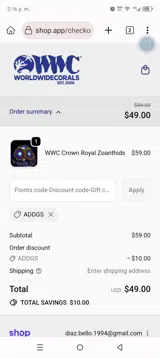 World Wide Corals coupon verification screenshot