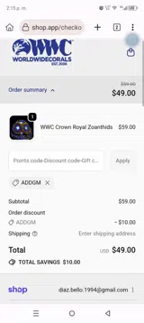 World Wide Corals coupon verification screenshot