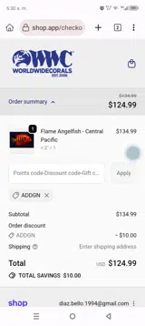 World Wide Corals coupon verification screenshot