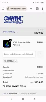 World Wide Corals coupon verification screenshot