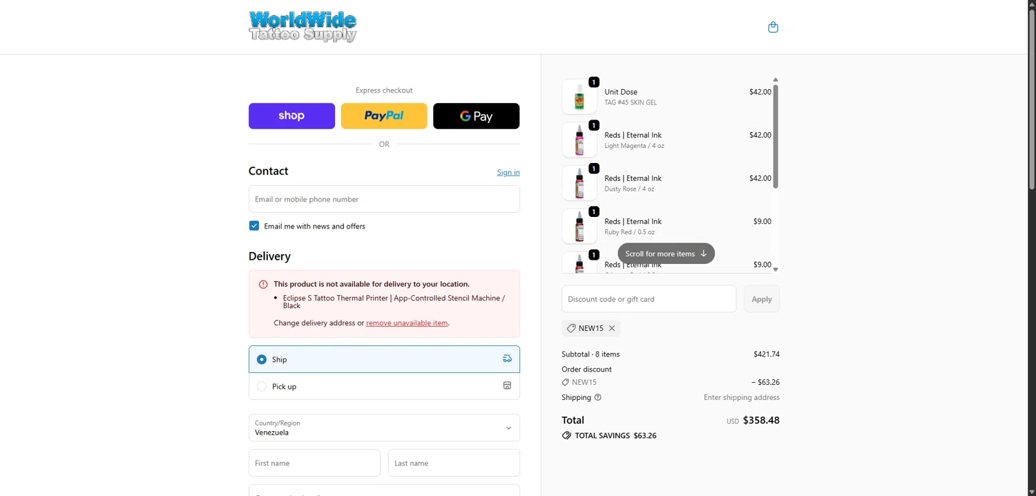 WorldWide Tattoo Supply promo code screenshot showing code NEW15 applied at WorldWide Tattoo Supply checkout page. Uploaded by SimplyCodes community member VictoriousBoss8742 on Dec 27, 2025