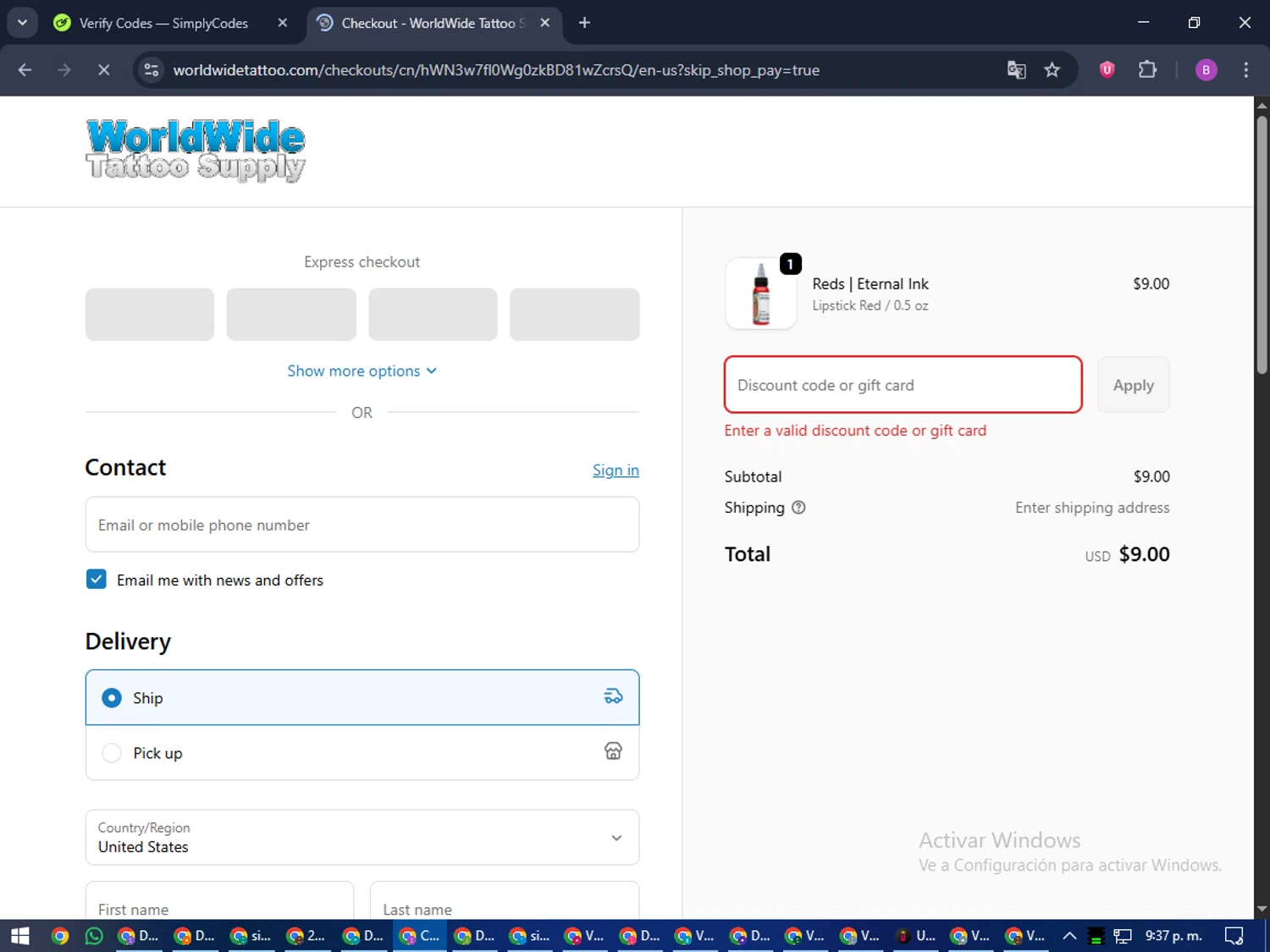 WorldWide Tattoo Supply promo code screenshot showing code NEW15 applied at WorldWide Tattoo Supply checkout page. Uploaded by SimplyCodes community member travisscott on Oct 10, 2025
