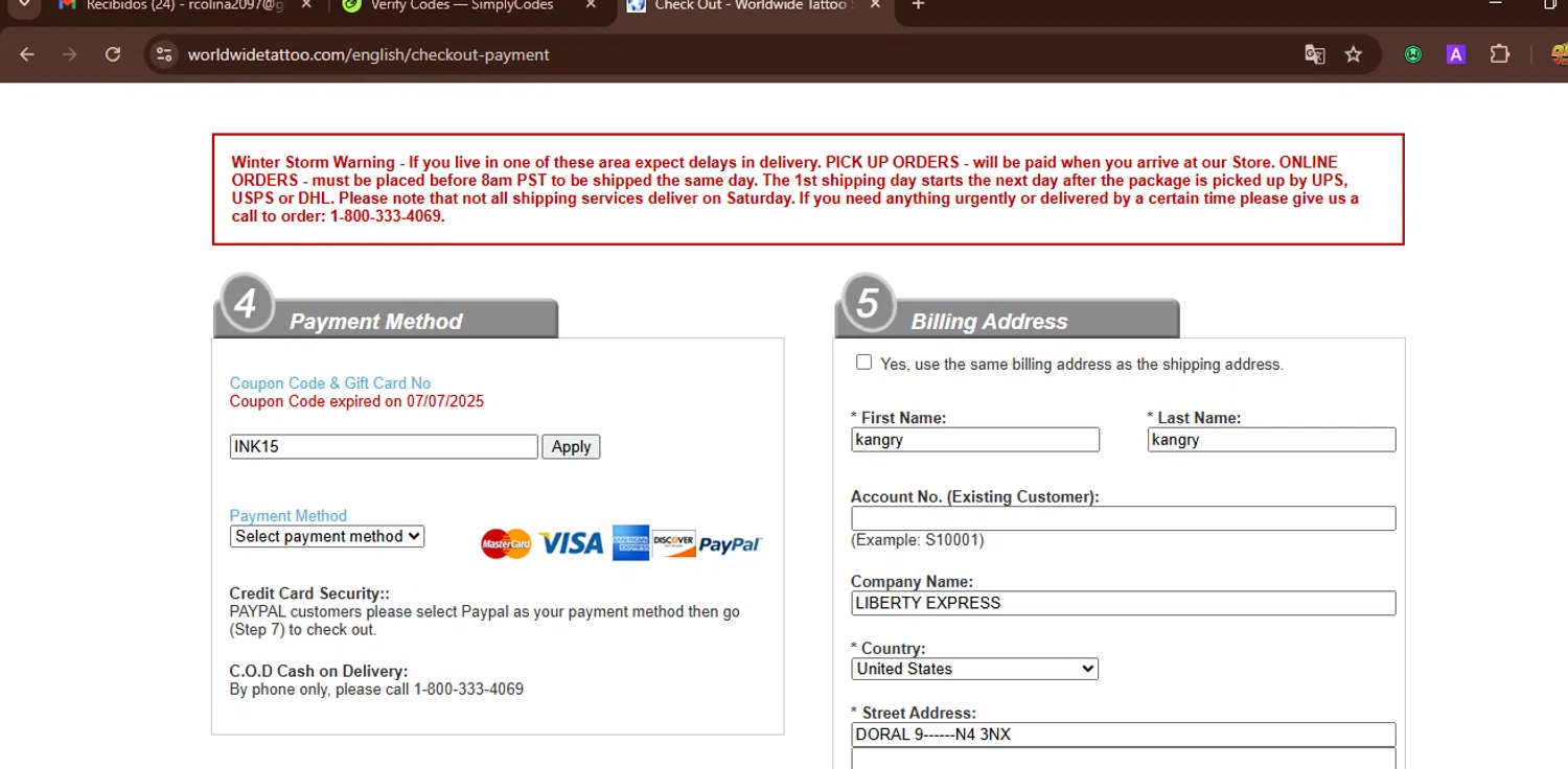 WorldWide Tattoo Supply promo code screenshot showing code INK15 applied at WorldWide Tattoo Supply checkout page. Uploaded by SimplyCodes community member WonderWarden594 on Jul 11, 2025