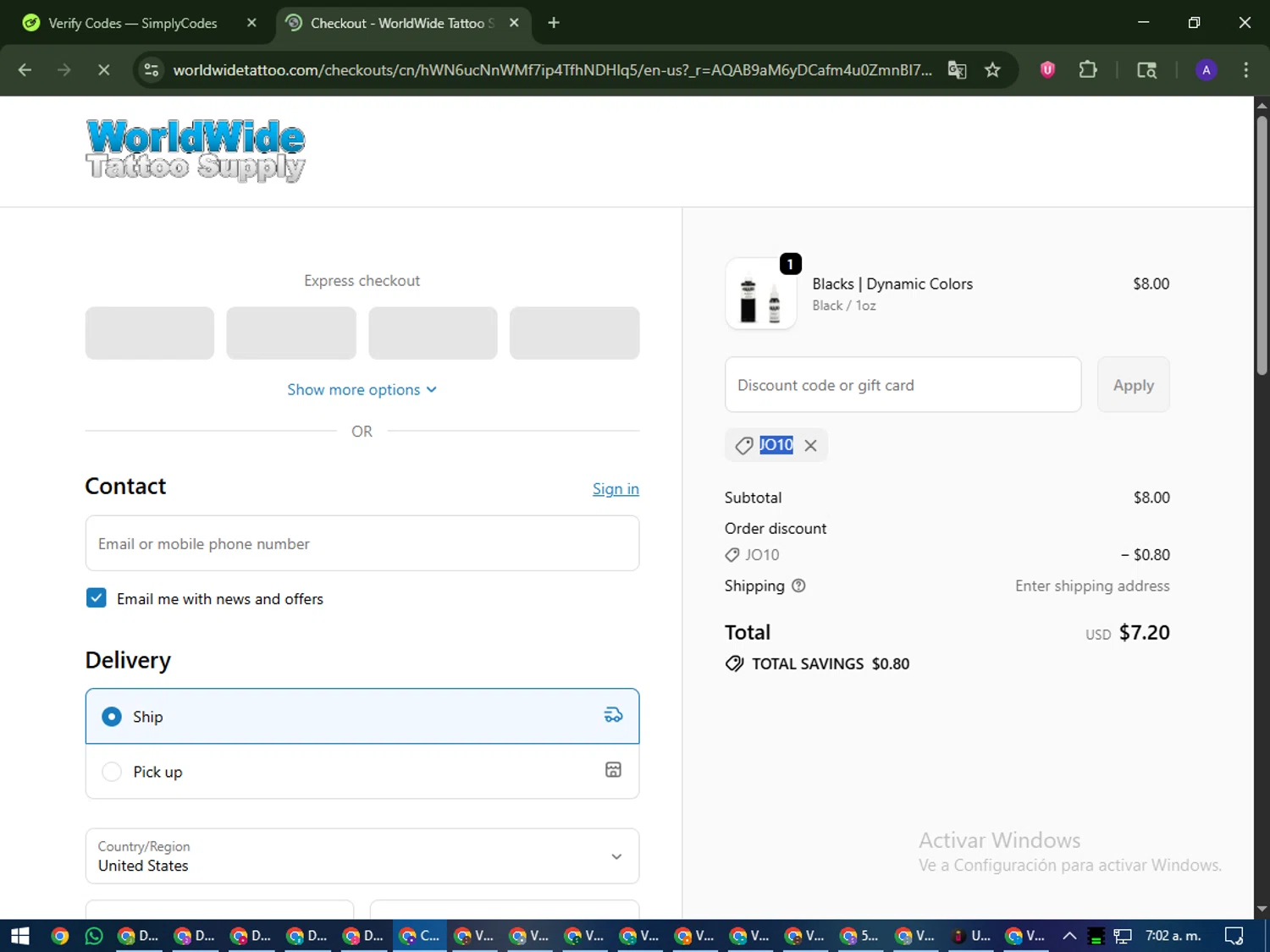 WorldWide Tattoo Supply promo code screenshot showing code JO10 applied at WorldWide Tattoo Supply checkout page. Uploaded by SimplyCodes community member MagnificentWarden4603 on Dec 27, 2025