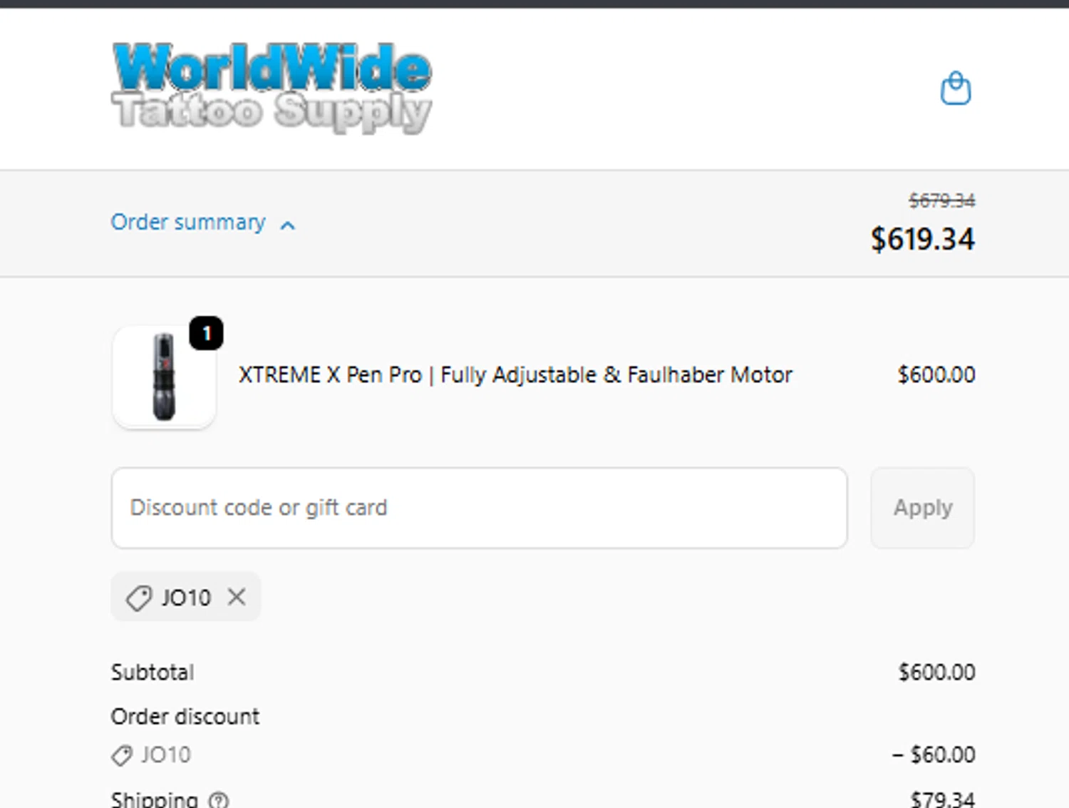 WorldWide Tattoo Supply promo code screenshot showing code JO10 applied at WorldWide Tattoo Supply checkout page. Uploaded by SimplyCodes community member gabrieladrianza on Dec 16, 2025