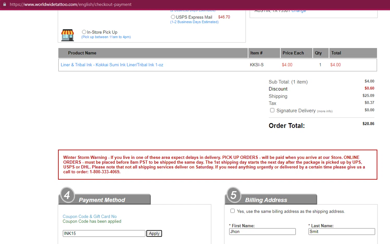 WorldWide Tattoo Supply promo code screenshot showing code INK15 applied at WorldWide Tattoo Supply checkout page. Uploaded by SimplyCodes community member ArgyArgy on Jun 30, 2025