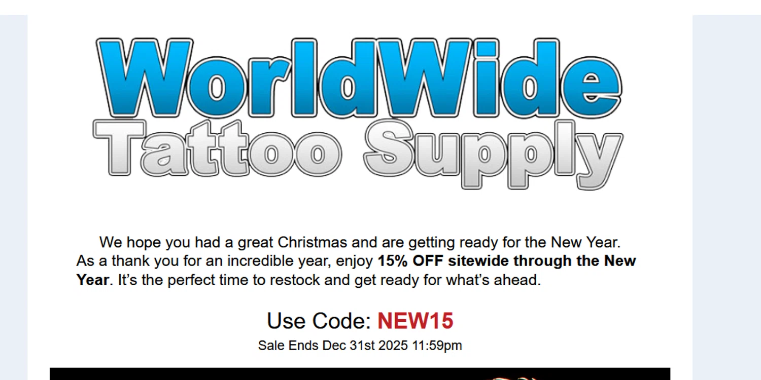 WorldWide Tattoo Supply promo code screenshot showing code NEW15 applied at WorldWide Tattoo Supply checkout page. Uploaded by SimplyCodes community member OMPU0408 on Dec 27, 2025