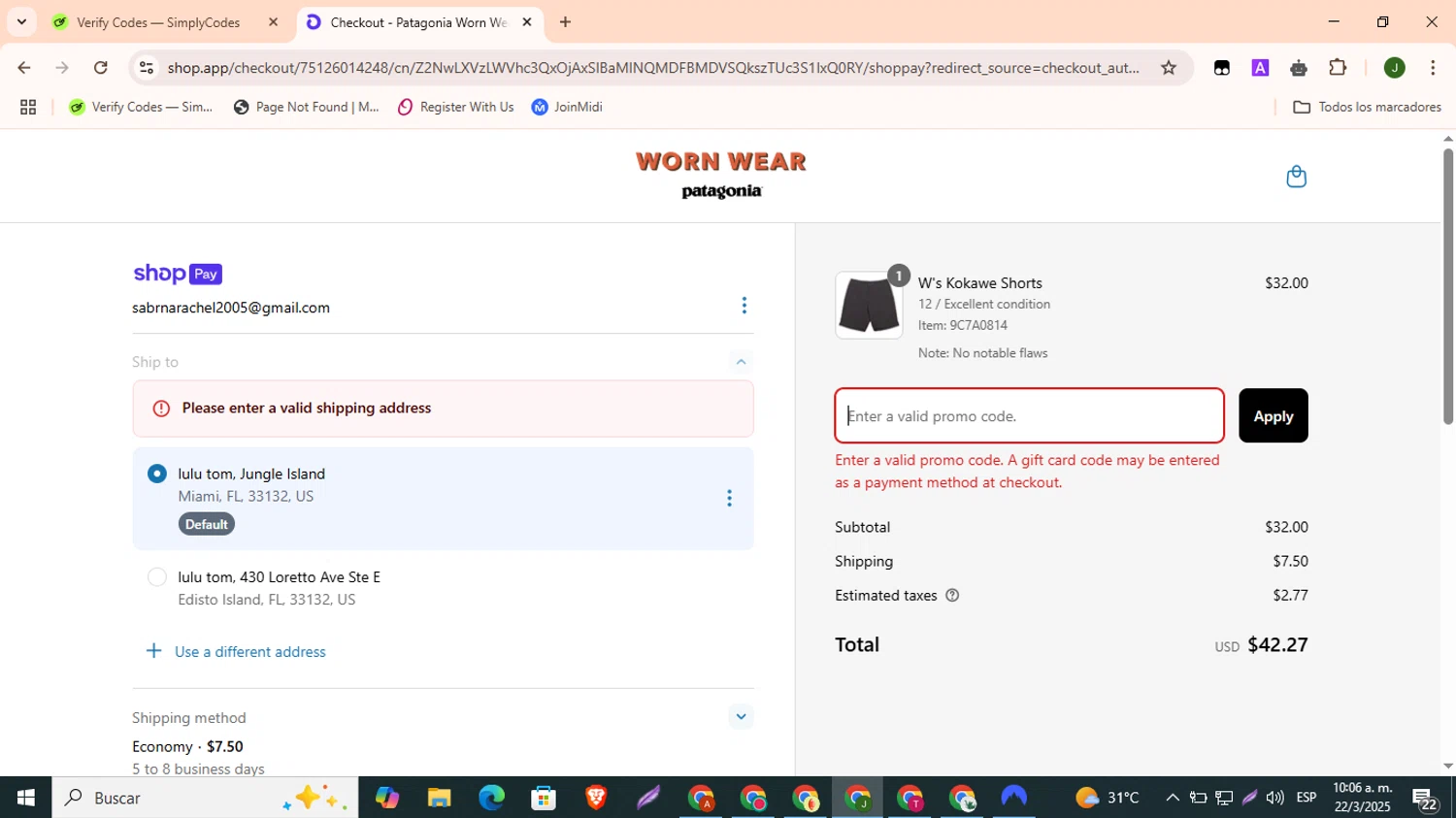 Worn Wear promo code screenshot showing code SPRING25 applied at Worn Wear checkout page. Uploaded by SimplyCodes community member CleverBoss9743 on Mar 22, 2025