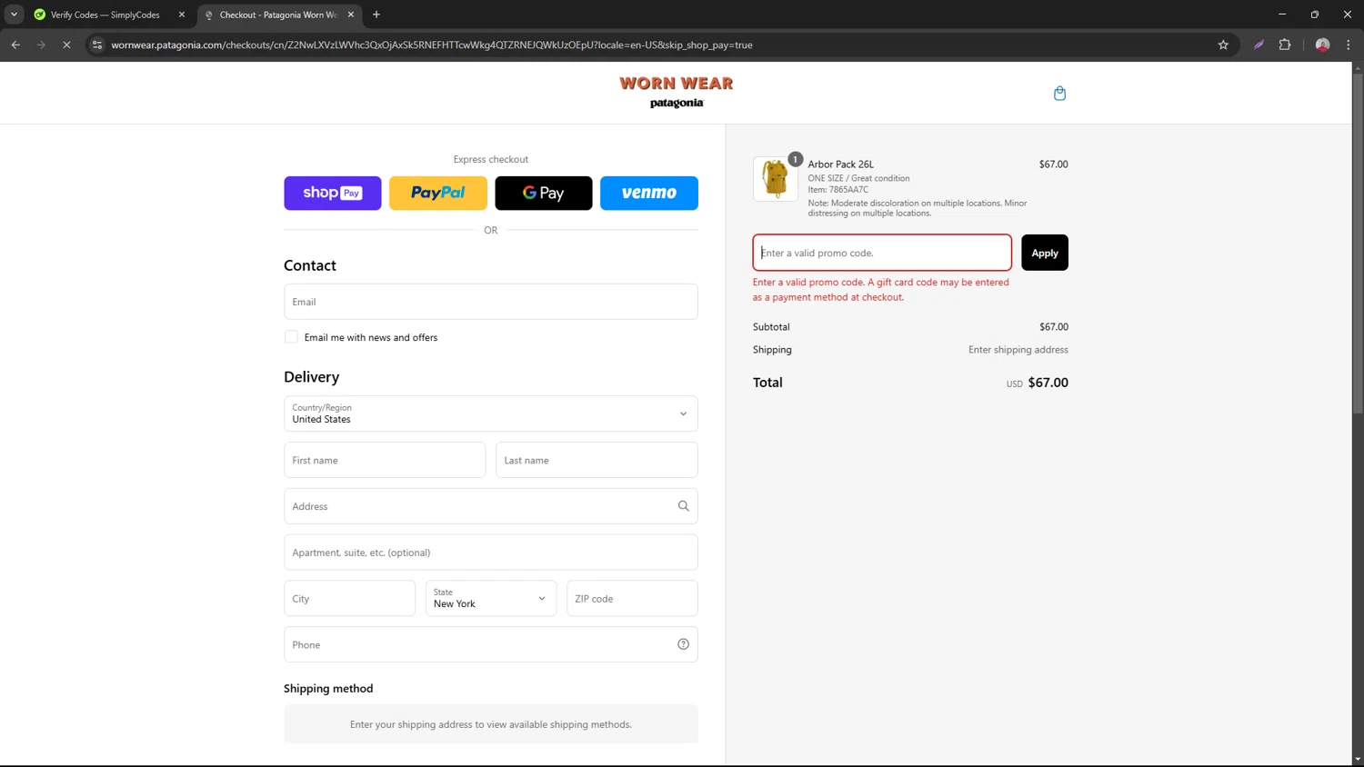 Worn Wear promo code screenshot showing code SPRING25 applied at Worn Wear checkout page. Uploaded by SimplyCodes community member necesitoplata on Mar 7, 2025