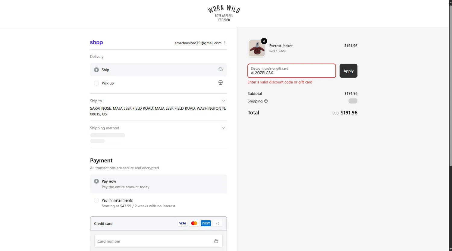 Worn Wild discount code screenshot showing code AL2OZPLGBX applied at Worn Wild checkout page. Uploaded by SimplyCodes community member Ricacocaina on Oct 18, 2025